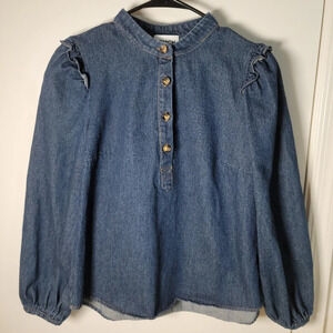 FRNCH Paris 100 % Cotton Denim Ruffle-Shoulder Button-Front Blouse XS
